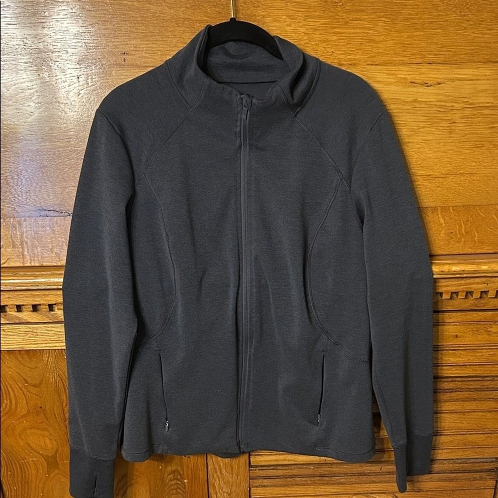 All in Motion Athleisure Full Zip Track Jacket Gray Mock Neck Thumbhole Size L